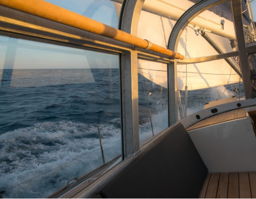 At sea, it is a cocoon that protects you from the forces of nature, and allows you to remain close to the crew maneuvering on deck. It is when the elements are unleashed that they are at their most beautiful; it is exhilarating to be a privileged spectator of this interplay of sails, wind, and waves.